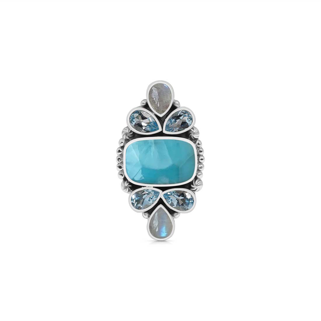 Larimar, Moonstone And Blue Topaz Crawler Statement Adjustable Ring-(LAR-CLS-13.)